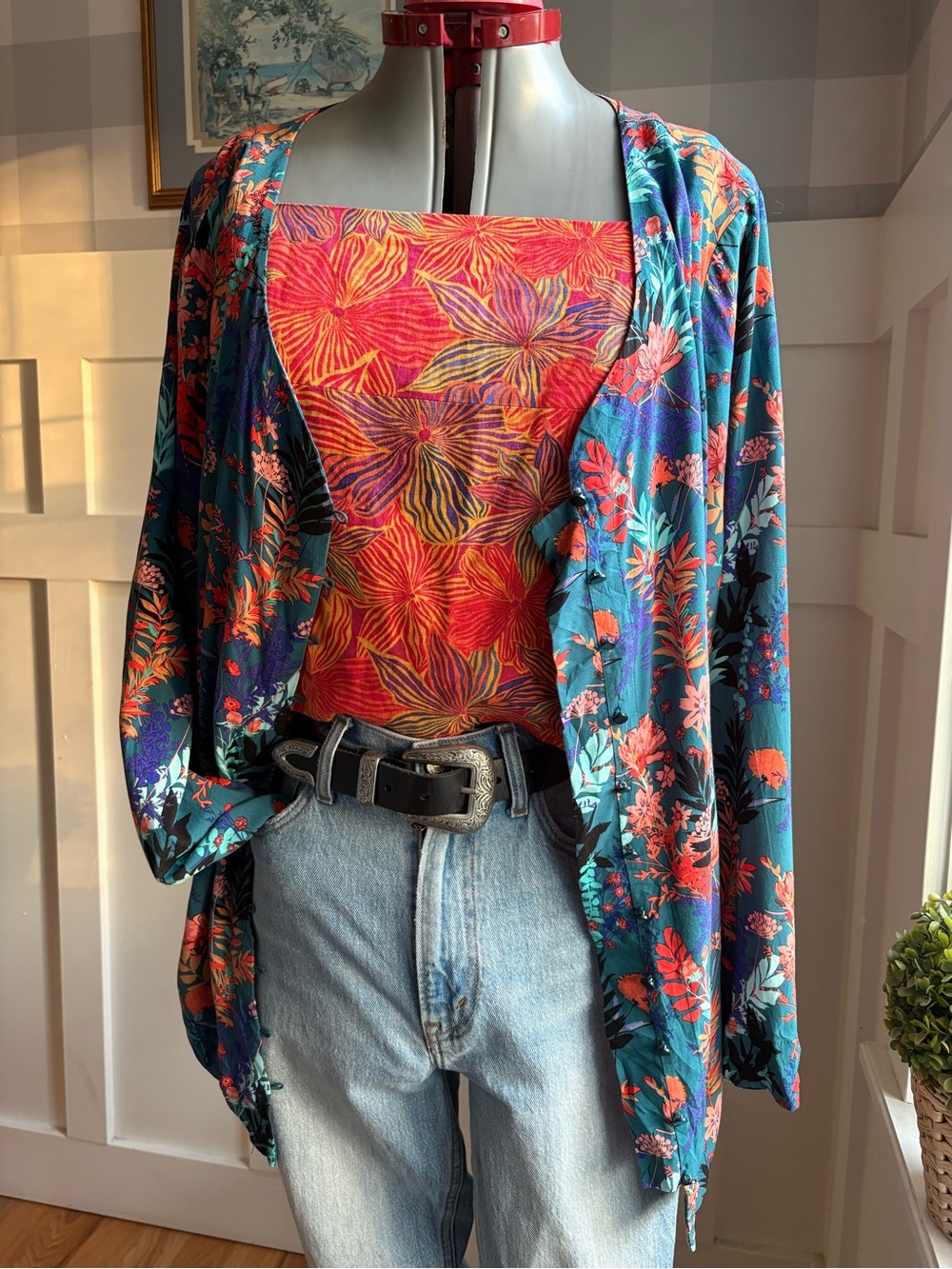 Soft Surroundings Red Floral Square-Neck Camisole with Teal Floral Kimono 3X